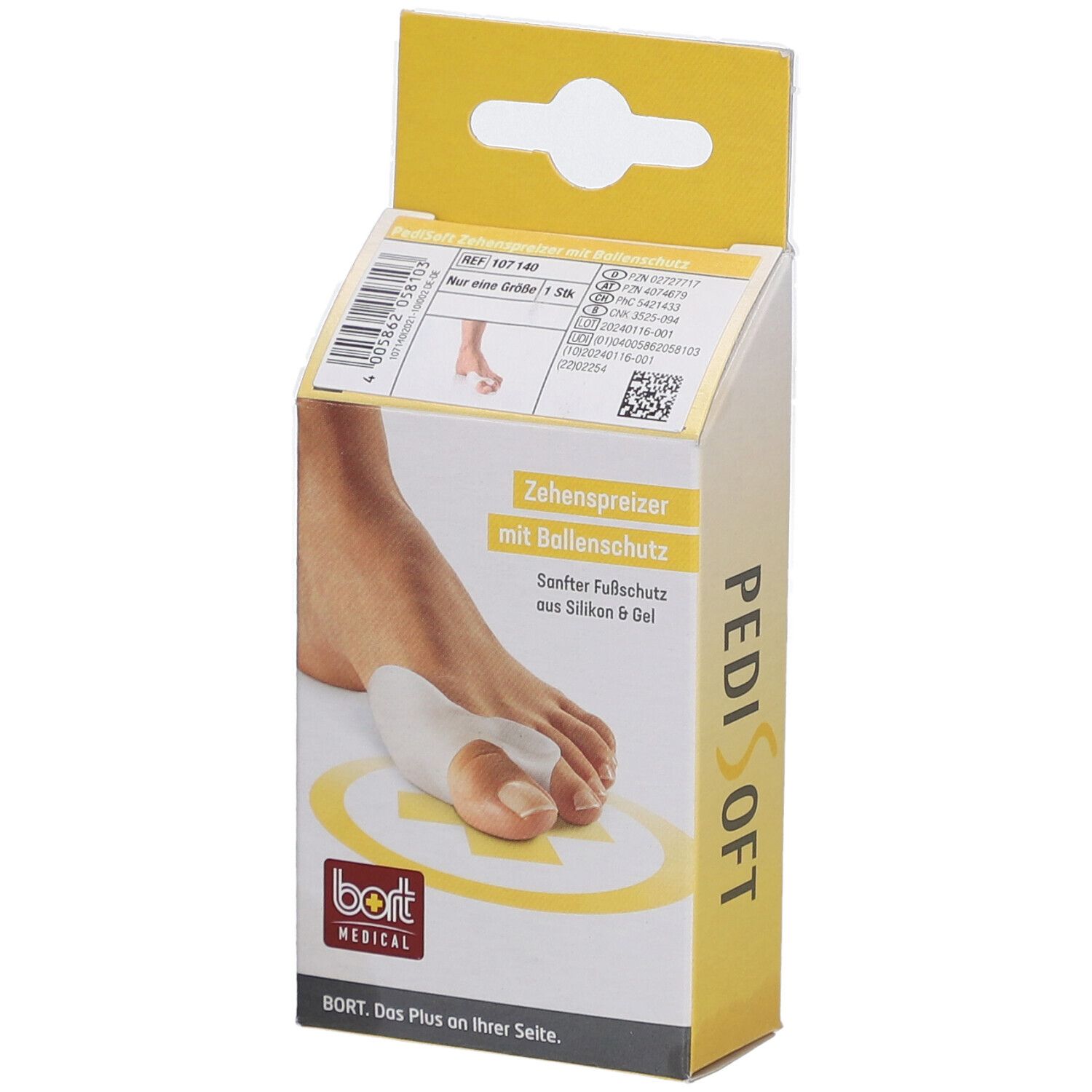Emballage PediSoft. Protège-orteils avec protection de la balle. Boîte jaune avec image du produit et marque bort MEDICAL.
