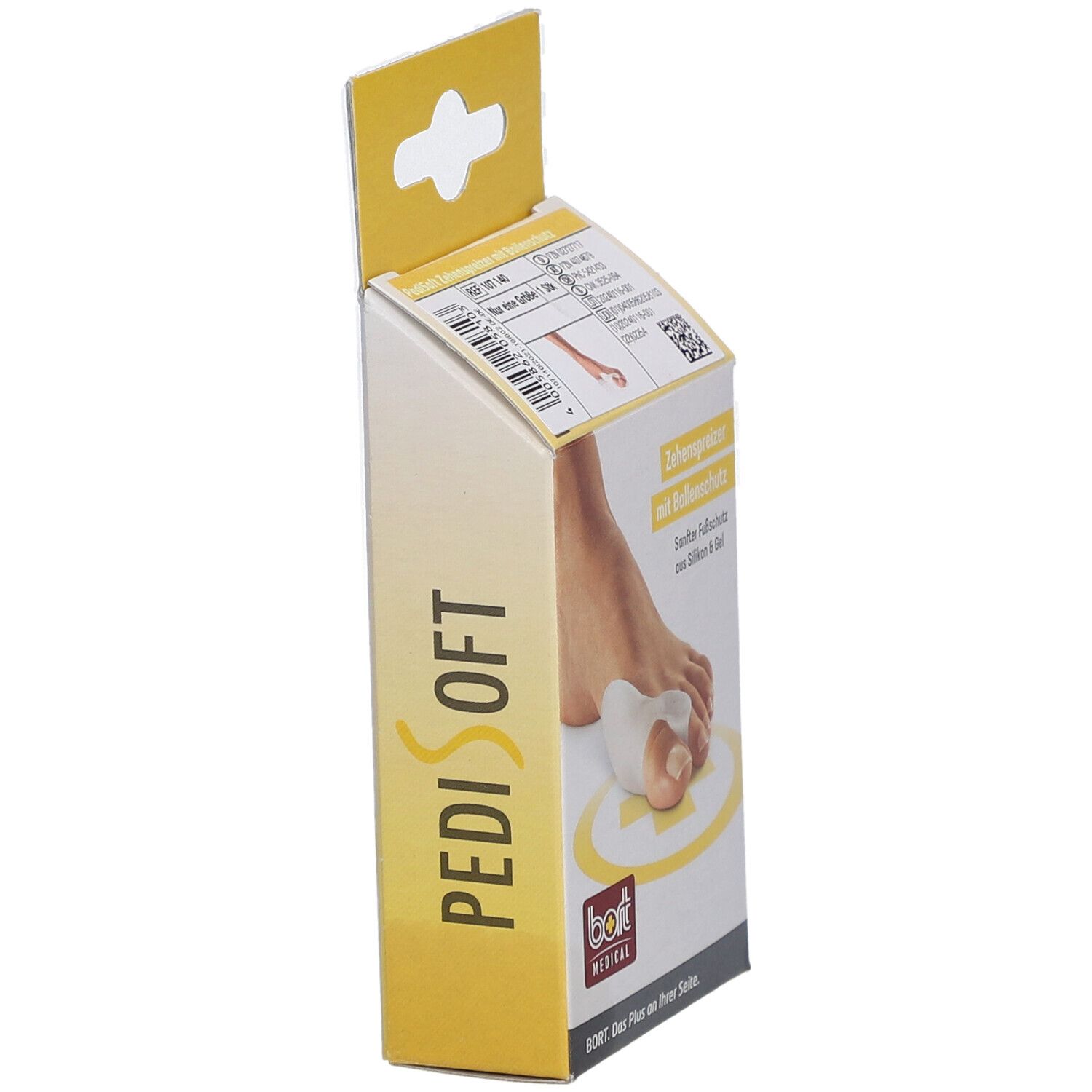 Emballage PediSoft. Protège-orteils avec protection de la balle. Boîte jaune avec image et logo bort MEDICAL.