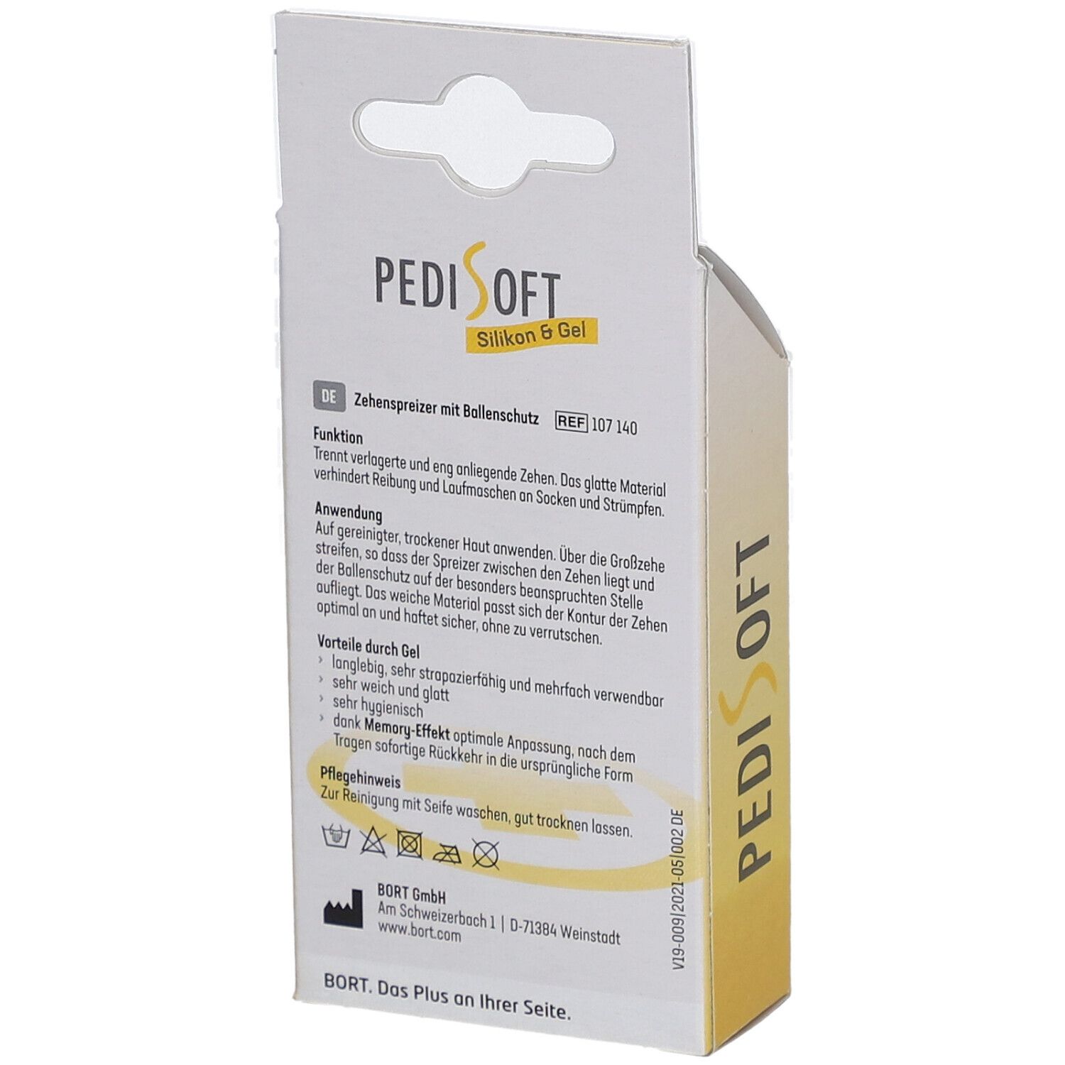 Dos de l'emballage PediSoft. Texte: Protège-orteils avec protection de la balle. Matériau: silicone et gel. Symboles de lavage et logo bort MEDICAL.