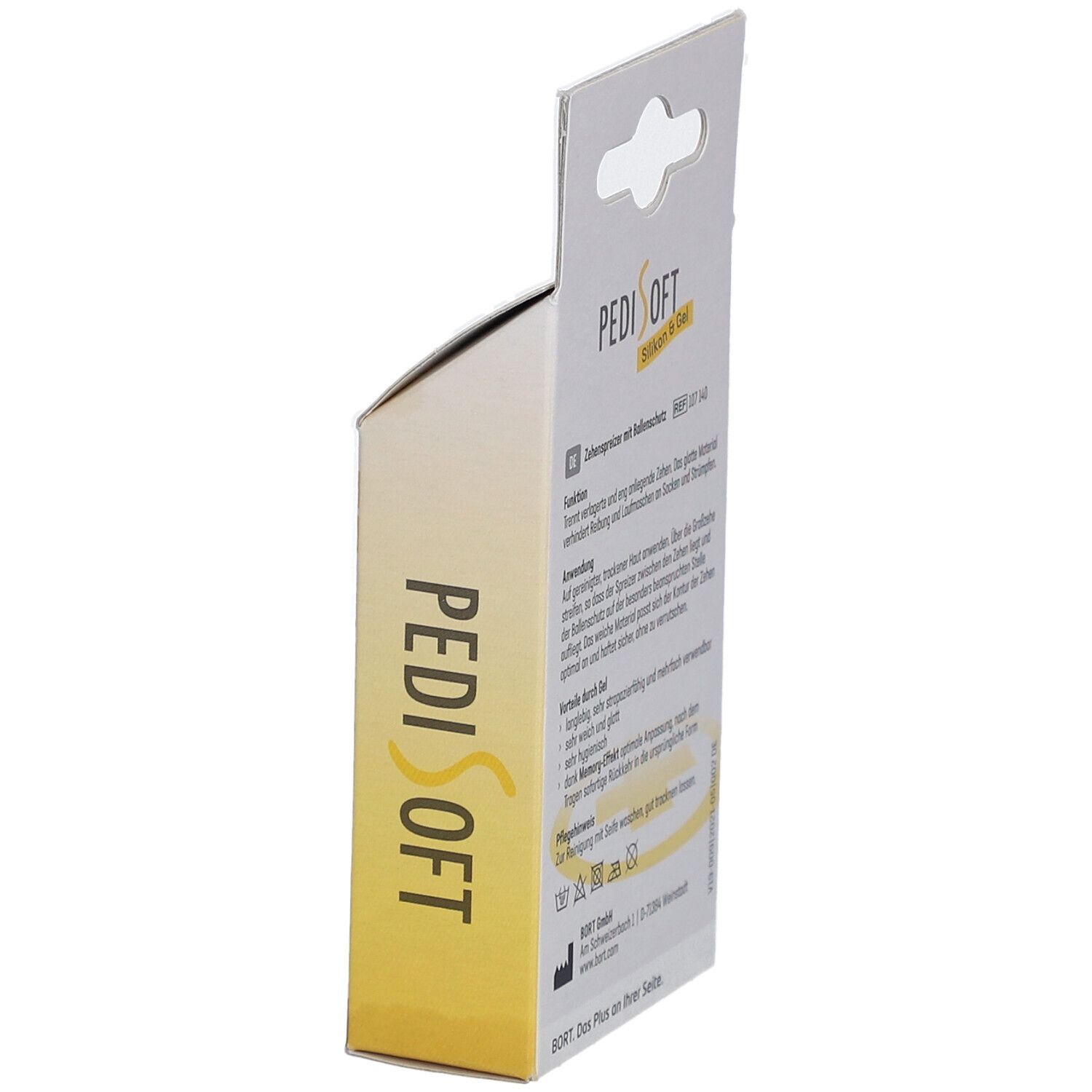 Côté de l'emballage PediSoft. Texte: Protège-orteils avec protection de la balle. Boîte jaune avec informations et logo bort MEDICAL.