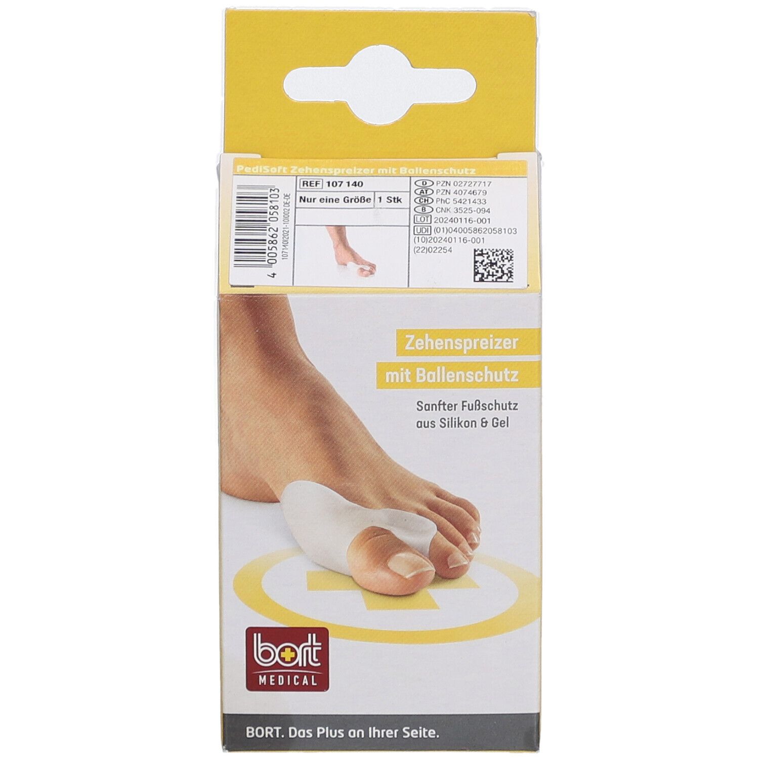 Emballage PediSoft. Protège-orteils avec protection de la balle. Boîte jaune avec image et logo bort MEDICAL.