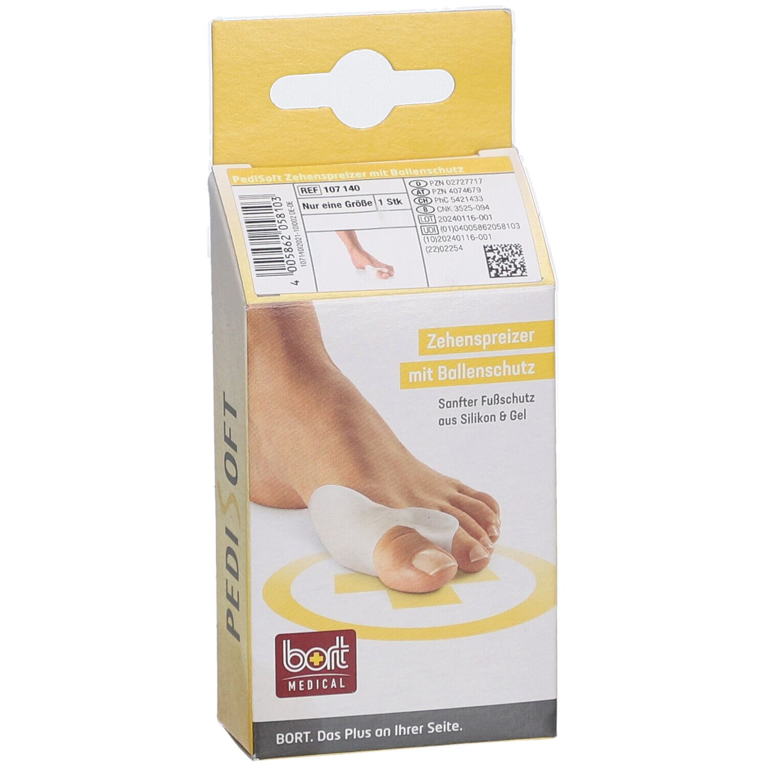 Emballage PediSoft. Protège-orteils avec protection de la balle. Boîte jaune avec image et logo bort MEDICAL.
