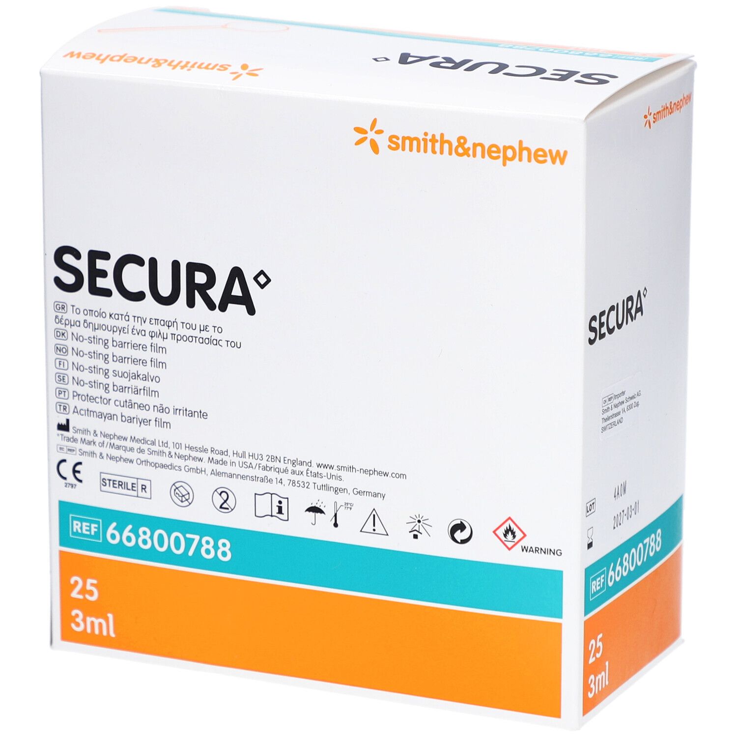 Boîte de film protecteur cutané SECURA. Contient 25 x 3ml. Logo Smith & Nephew. Réf. 66800788.