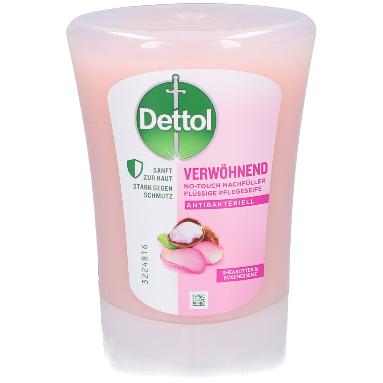 Savon liquide rose dans un distributeur. Logo Dettol et texte. Contient du beurre de karité. Antibactérien.