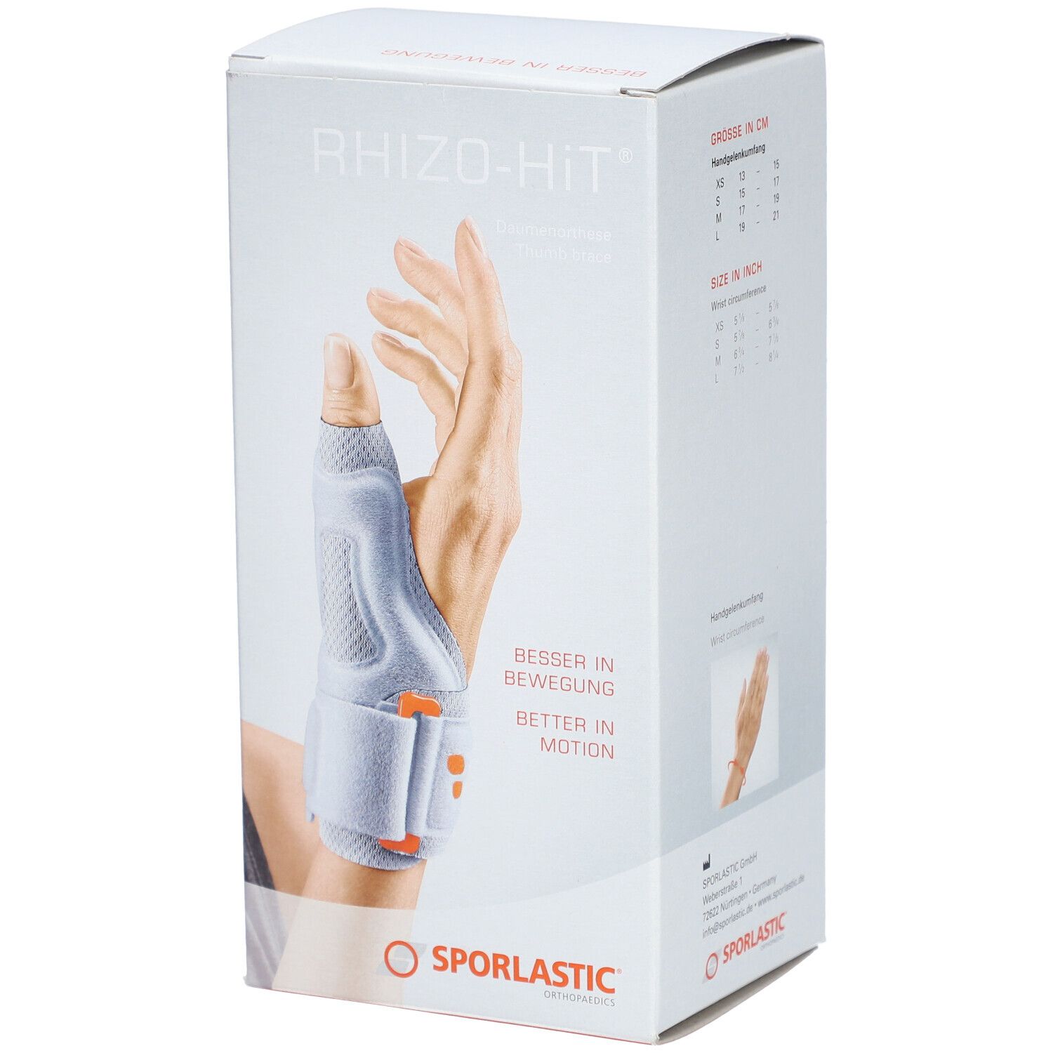 Emballage du produit SPORLASTIC Rhizo-Hit. Impression: Rhizo-Hit, main avec orthèse du pouce. Couleurs: blanc, gris, orange. Texte: Besser in Bewegung, Better in Motion.
