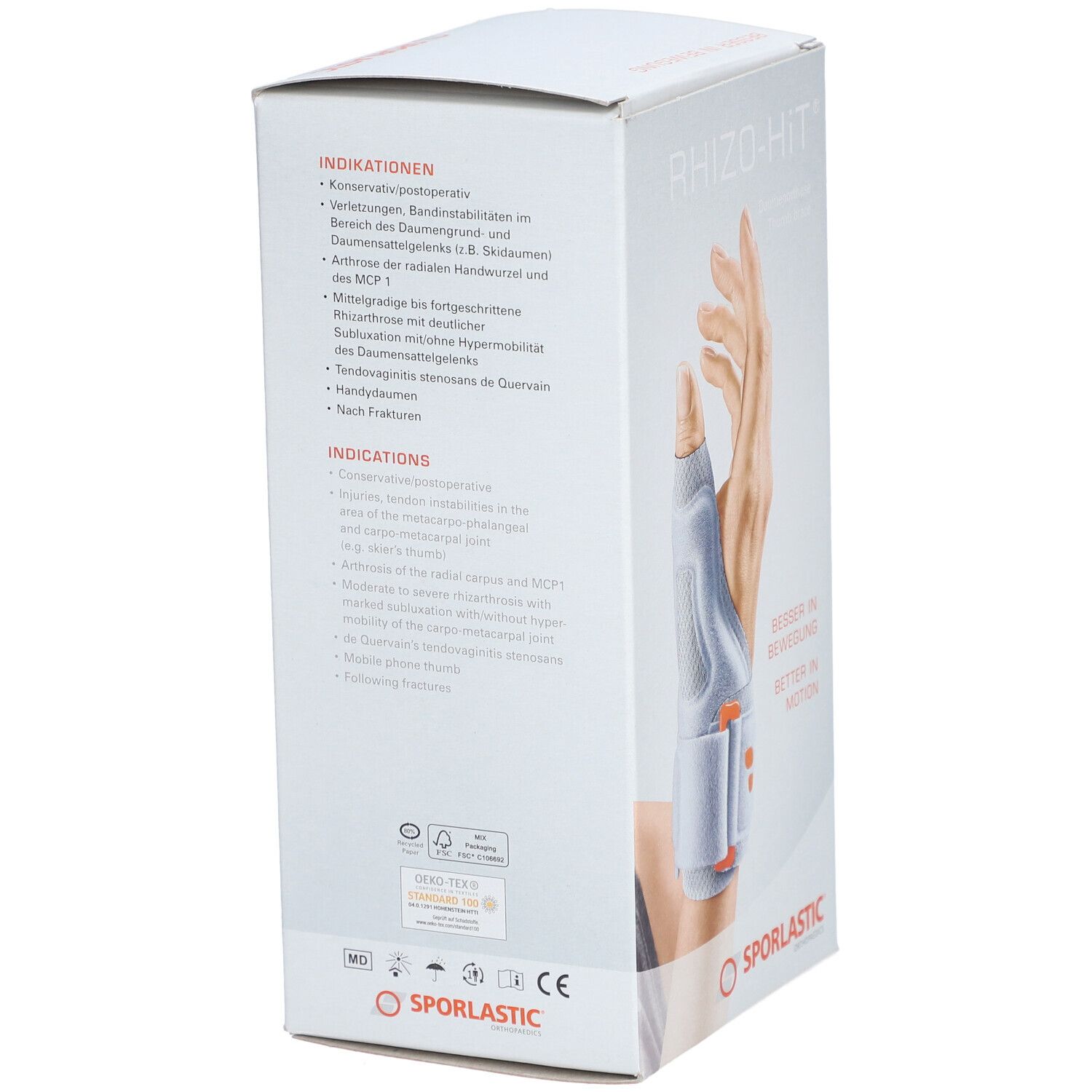 Emballage du produit SPORLASTIC Rhizo-Hit. Dos avec indications et texte. Logo: SPORLASTIC. Certifications: CE, MD. Couleurs: blanc, gris, orange.