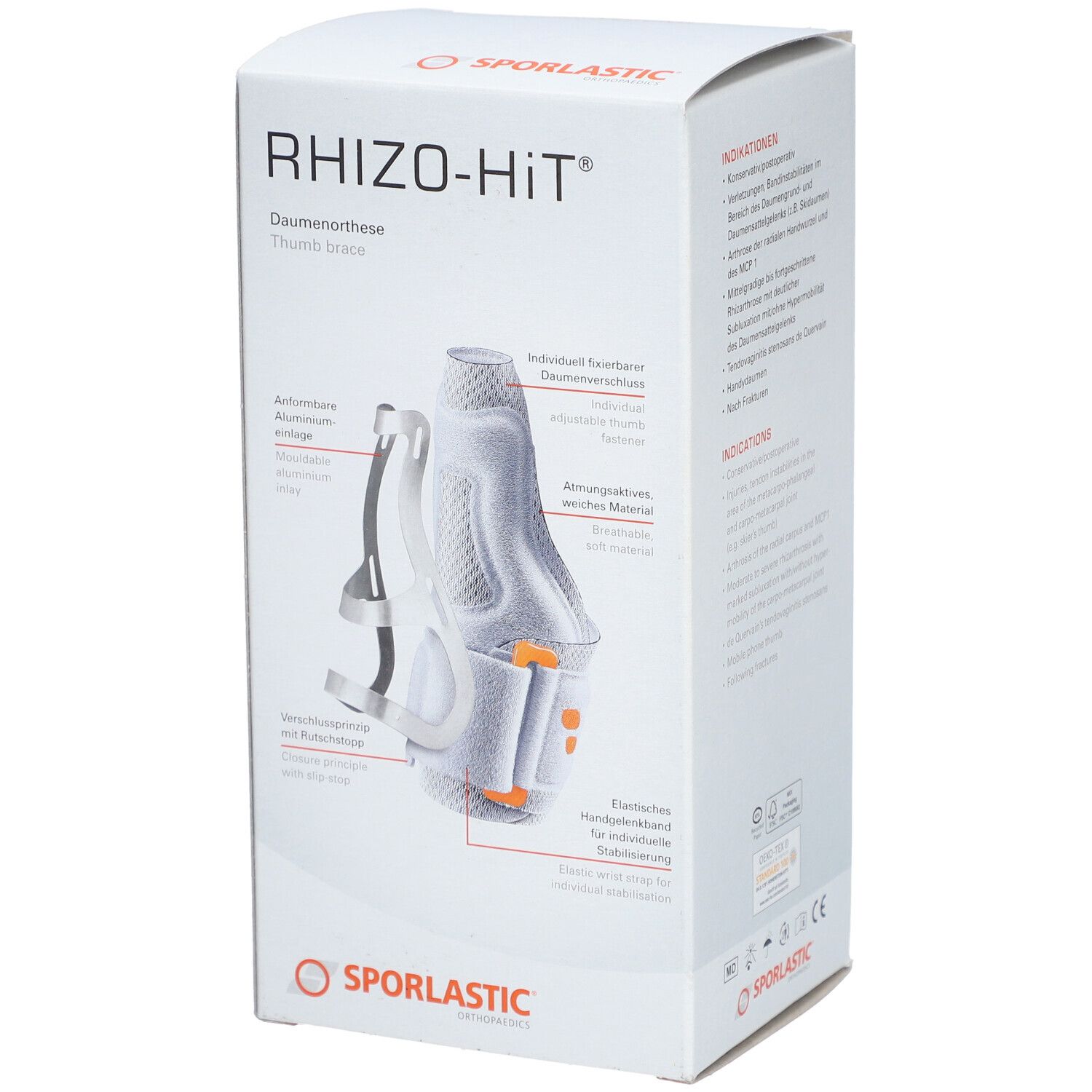 Emballage du produit SPORLASTIC Rhizo-Hit. Vue éclatée de l'orthèse du pouce. Texte et flèches montrent les composants. Logo: SPORLASTIC. Couleurs: blanc, gris, orange.