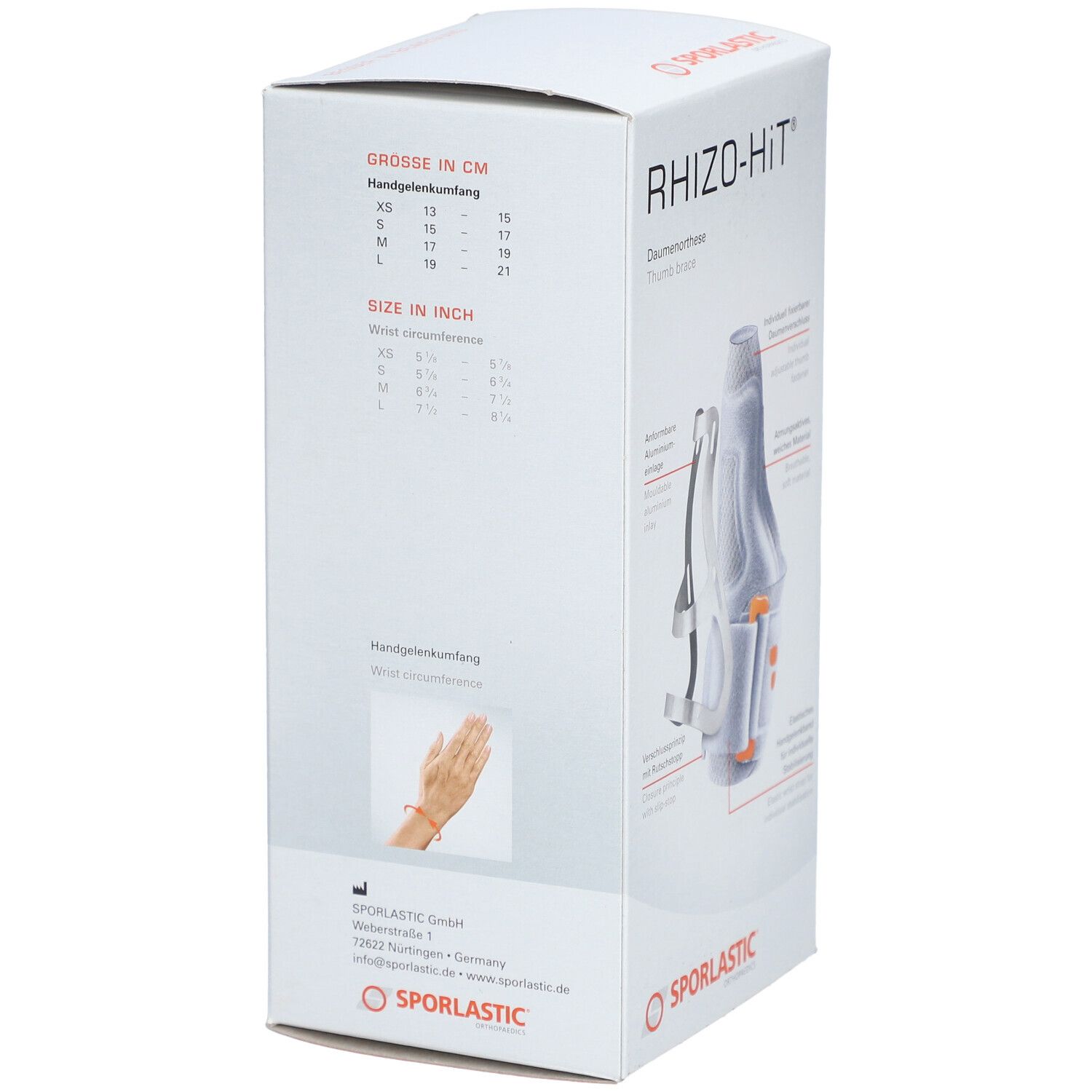 Emballage du produit SPORLASTIC Rhizo-Hit. Côté avec indications de taille en cm et pouces. Logo: SPORLASTIC. Couleurs: blanc, gris, orange. Diagramme du tour de poignet.