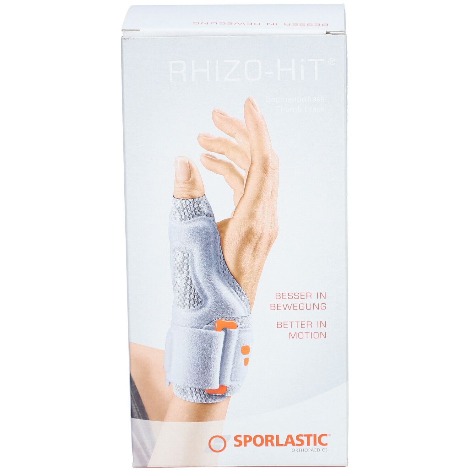 Emballage du produit SPORLASTIC Rhizo-Hit. Vue de face: main avec orthèse du pouce. Texte: Besser in Bewegung, Better in Motion. Logo: SPORLASTIC. Couleurs: blanc, gris, orange.
