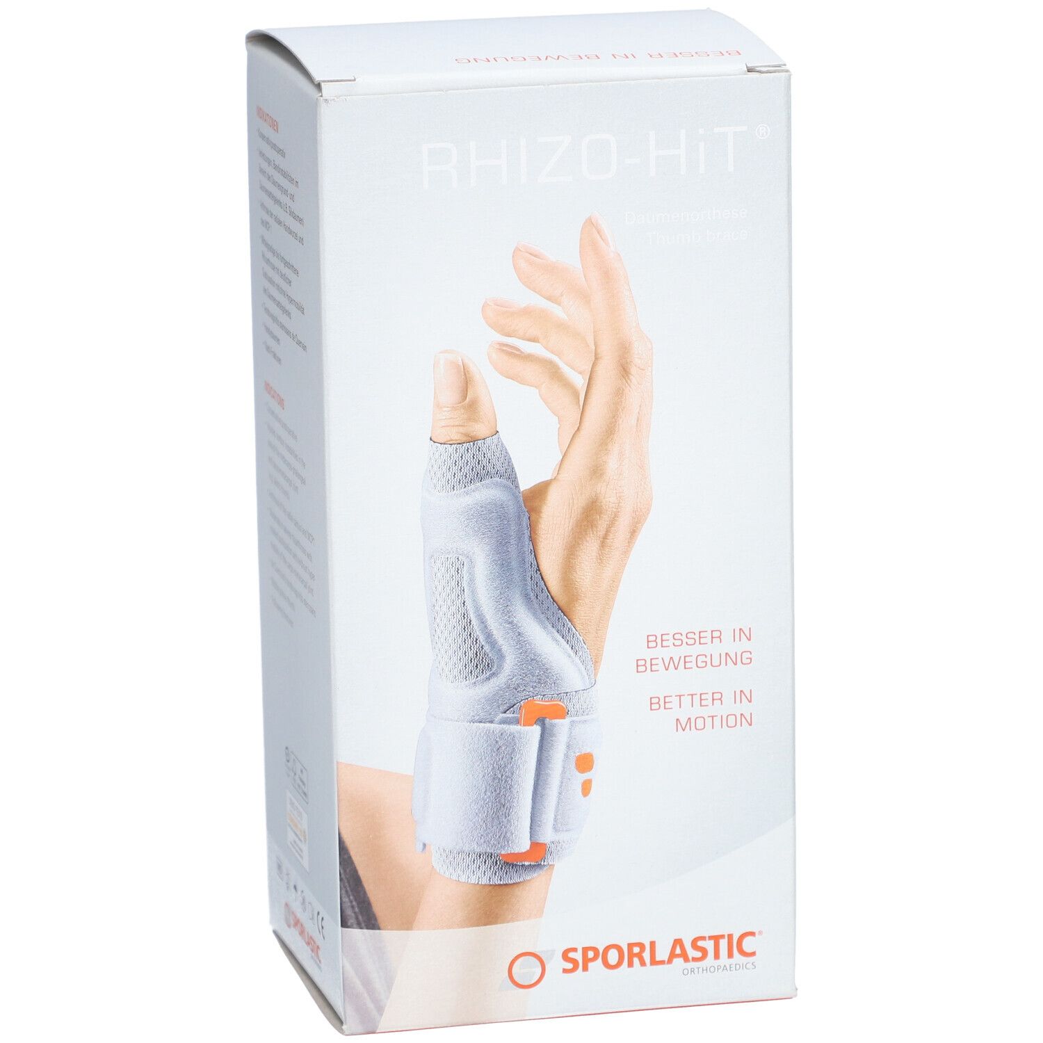 Emballage du produit SPORLASTIC Rhizo-Hit. Vue de face: main avec orthèse du pouce. Texte: Besser in Bewegung, Better in Motion. Logo: SPORLASTIC. Couleurs: blanc, gris, orange.
