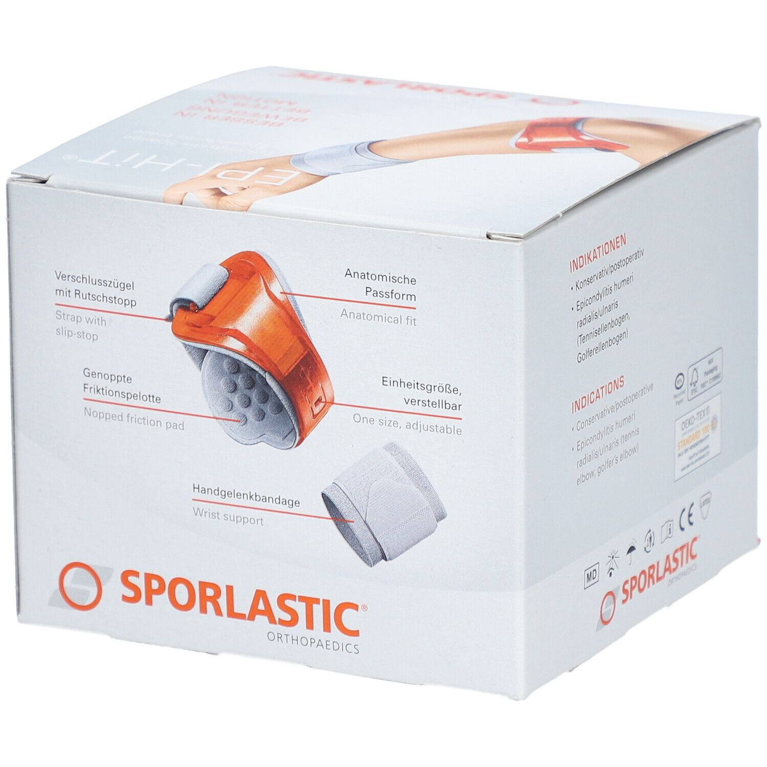 Emballage du produit avec illustrations de l'attelle Epi-Hit. Attelle orange avec bandage poignet blanc. Texte: SPORLASTIC.
