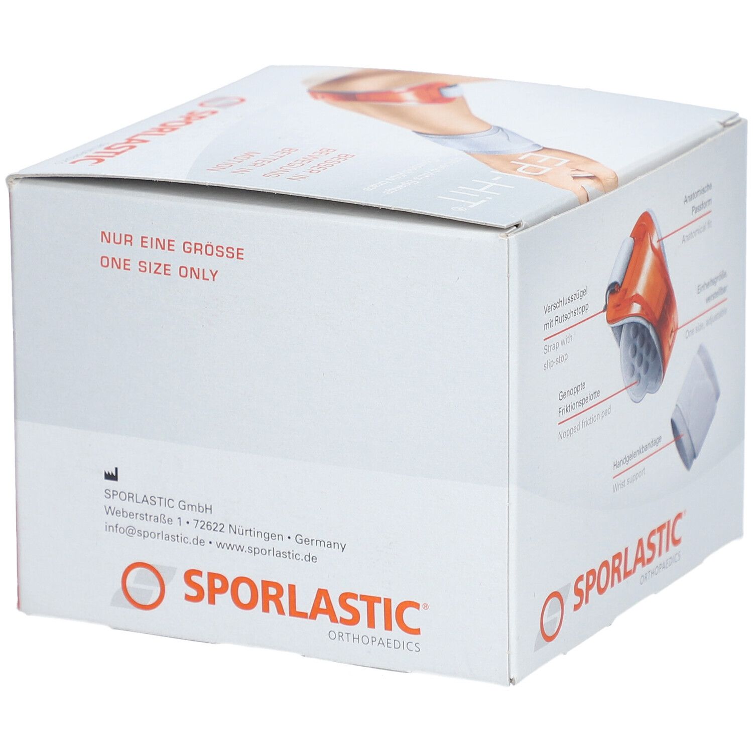 Emballage du produit avec attelle Epi-Hit. Attelle orange avec bandage poignet blanc. Texte: SPORLASTIC, Taille unique.