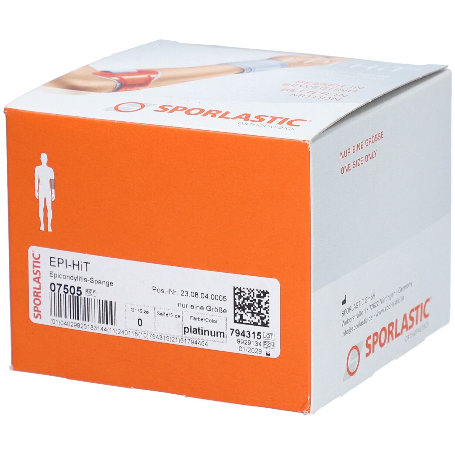 Emballage du produit avec attelle Epi-Hit. Emballage orange avec texte: EPI-HIT, SPORLASTIC. Code-barres et indication de taille.