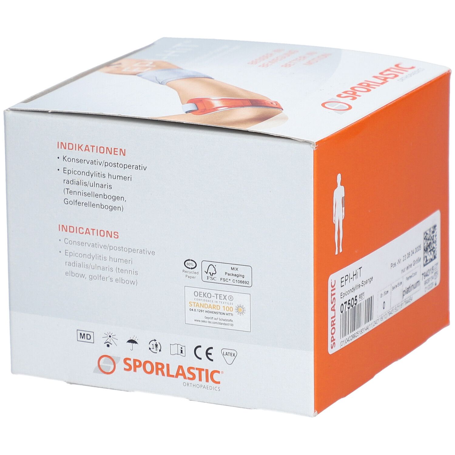 Emballage du produit avec attelle Epi-Hit. Emballage orange avec texte: EPI-HIT, SPORLASTIC. Indications et certifications.