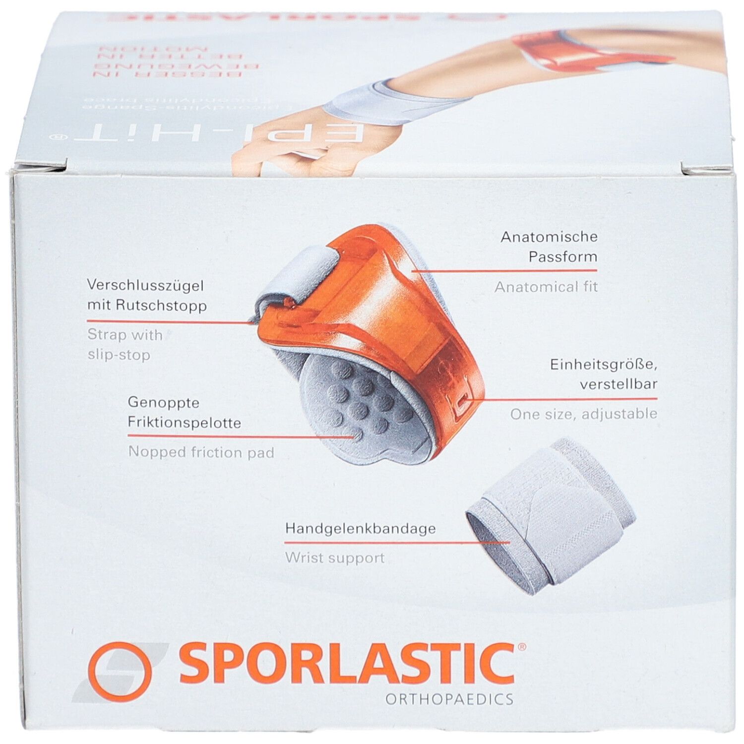 Emballage du produit avec illustrations de l'attelle Epi-Hit. Attelle orange avec bandage poignet blanc. Texte: SPORLASTIC.