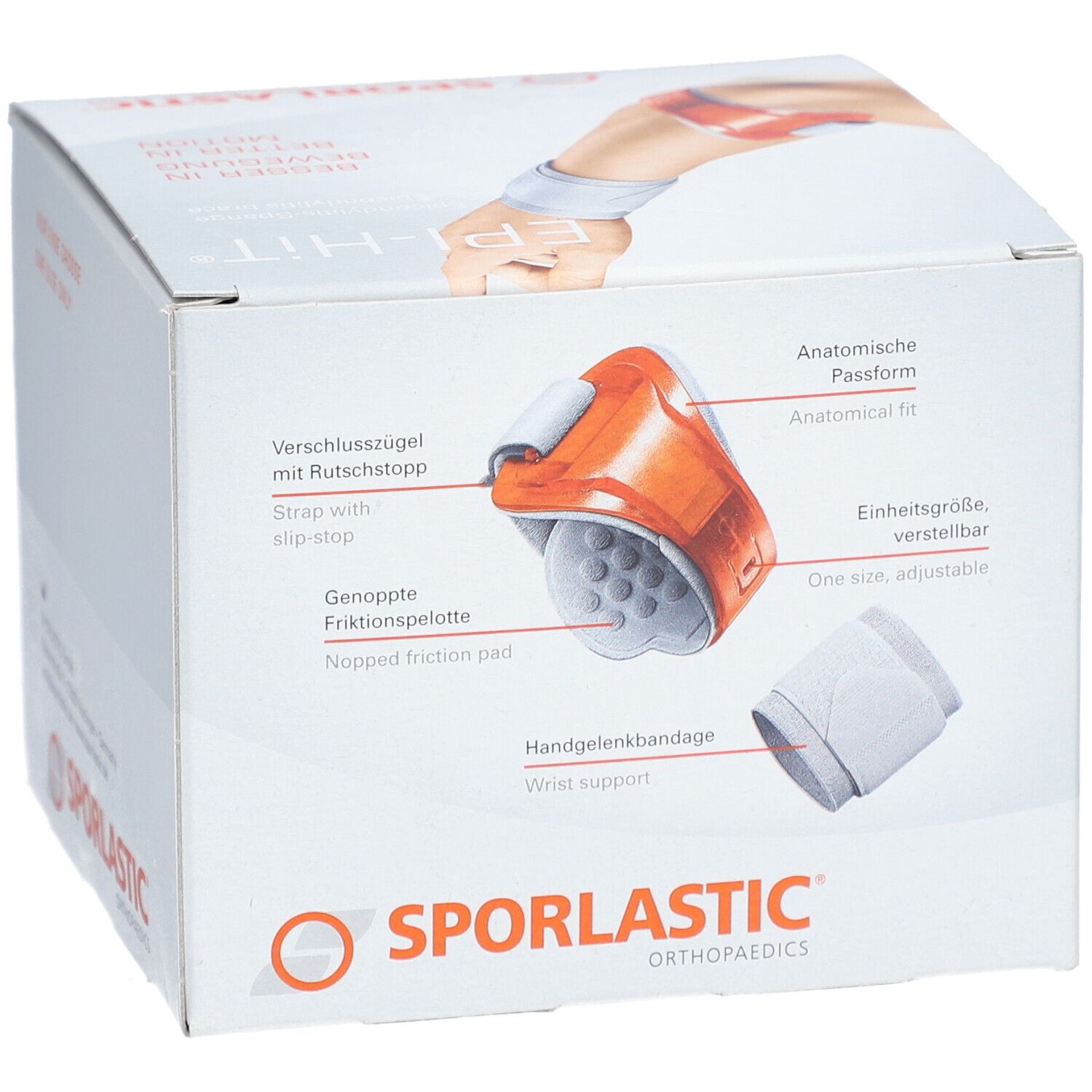 Emballage du produit avec illustrations de l'attelle Epi-Hit. Attelle orange avec bandage poignet blanc. Texte: SPORLASTIC.
