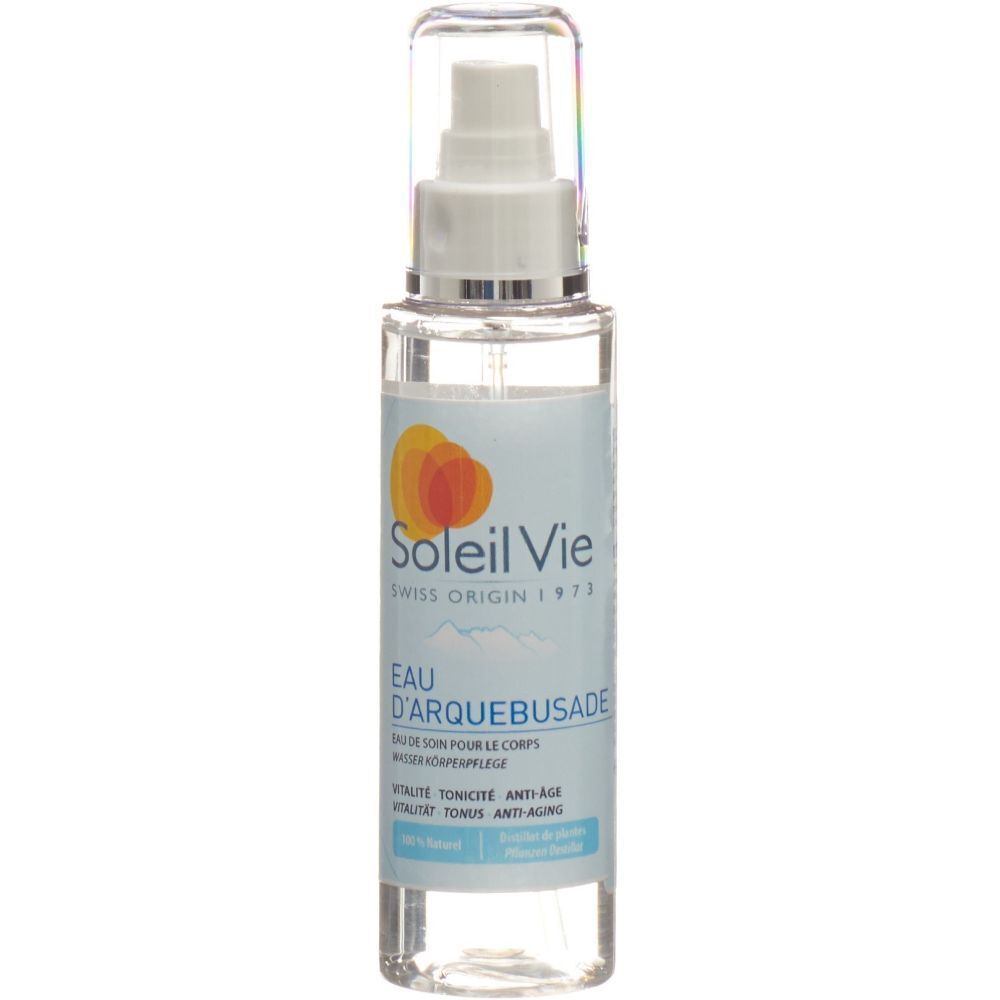 Flacon pulvérisateur transparent avec étiquette. Inscription: Soleil Vie, Eau d'Arquebusade. Vitalité, tonus, anti-âge.