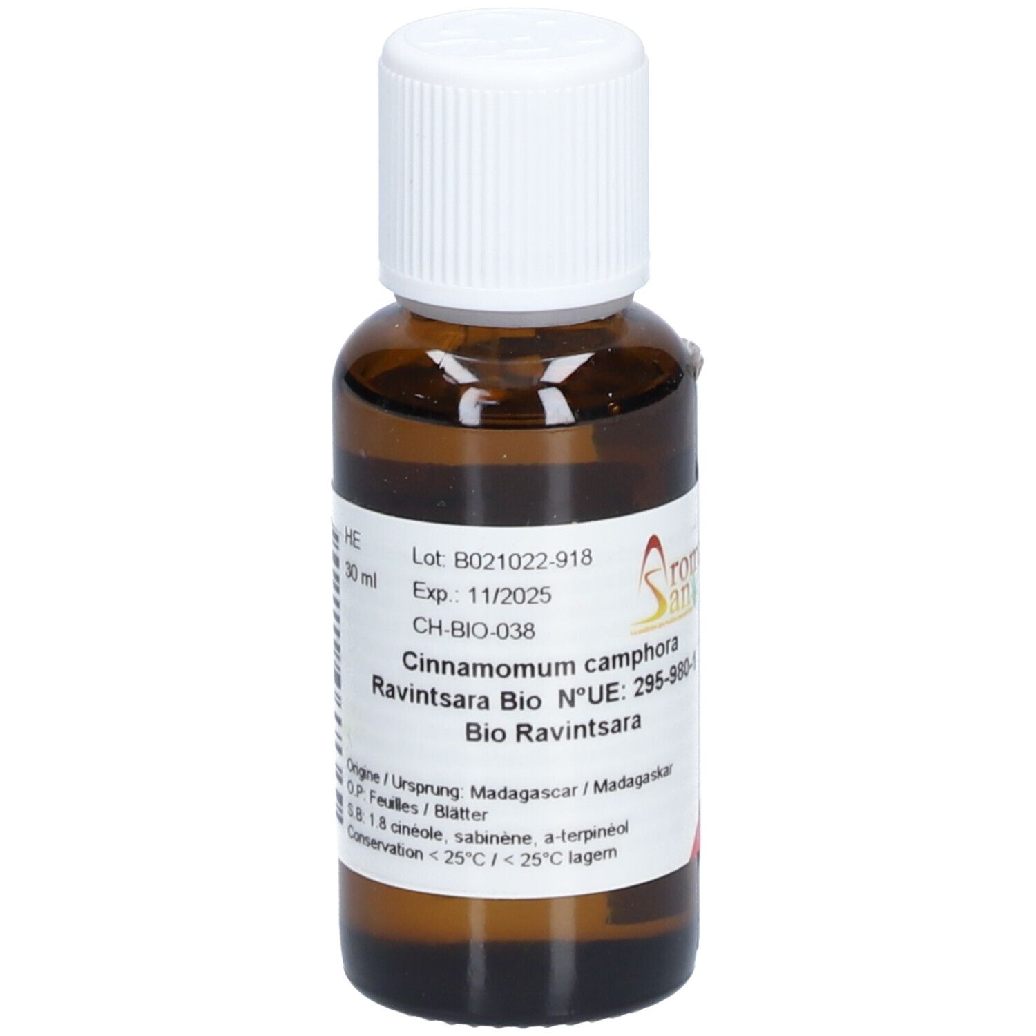 Flacon en verre brun avec bouchon blanc. Étiquette avec informations produit et logo Aromasan. Contient de l'huile essentielle Ravintsara bio.