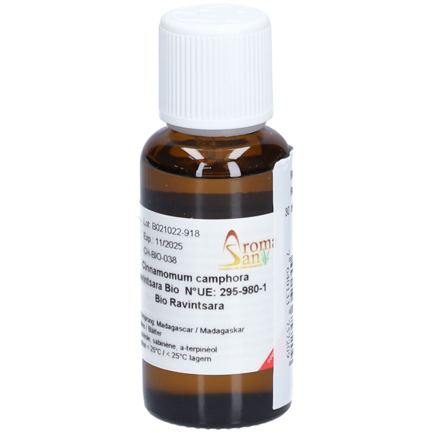 Flacon en verre brun avec bouchon blanc. Étiquette avec informations produit et logo Aromasan. Contient de l'huile essentielle Ravintsara bio.