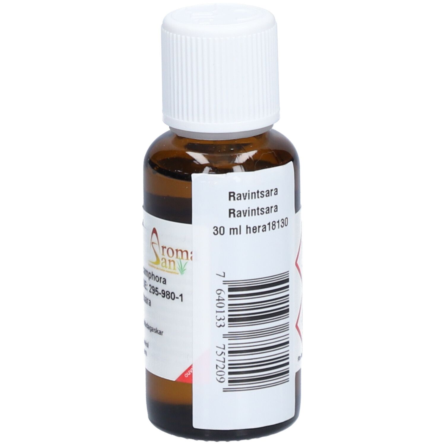Flacon en verre brun avec bouchon blanc. Étiquette avec informations produit et code-barres. Contient 30 ml d'huile essentielle.