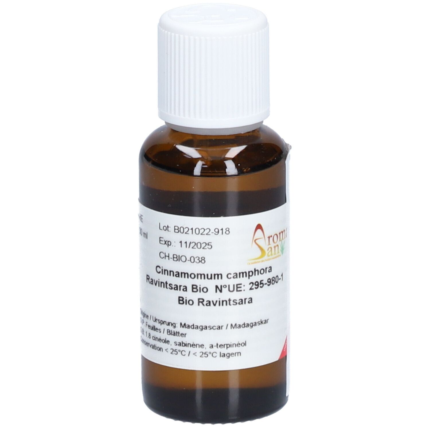 Flacon en verre brun avec bouchon blanc. Étiquette avec informations produit et logo Aromasan. Contient de l'huile essentielle Ravintsara bio.