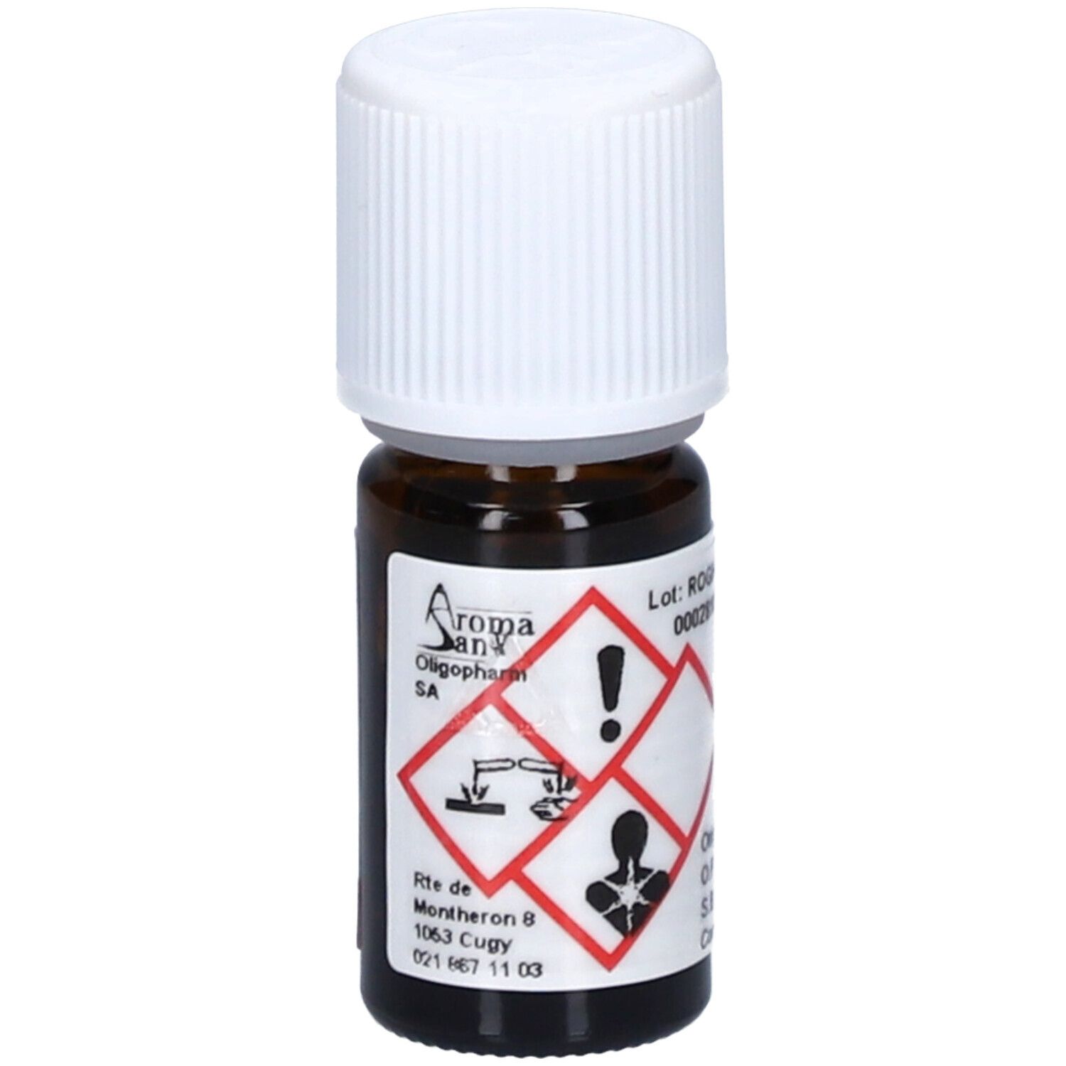 Flacon en verre brun avec bouchon blanc. Étiquette avec symboles de danger et logo. Adresse: Oligopharm SA.