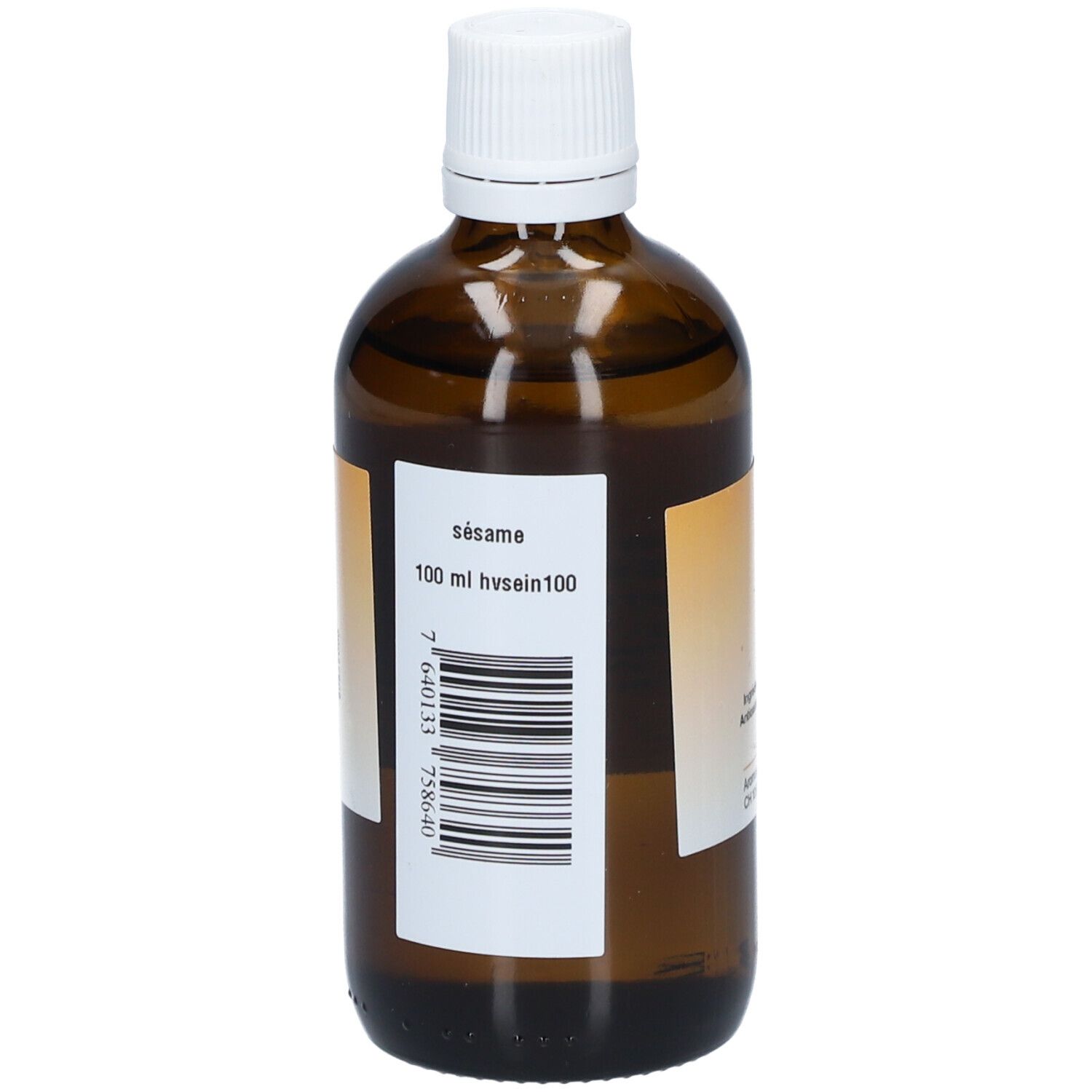 Flacon en verre brun avec bouchon blanc. Étiquette avec code-barres et nom du produit: Huile de sésame. Volume: 100 ml.