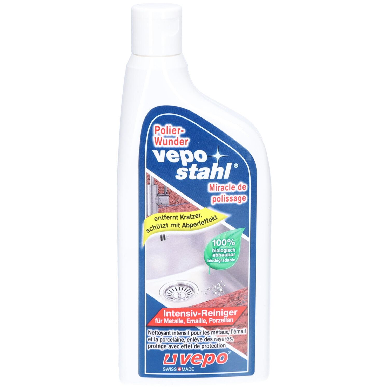 Flacon VEPOSTAHL Polierwunder. Étiquette blanche et bleue. Texte : Polier-Wunder, vepo stahl, Miracle de polissage. 100% biodégradable.
