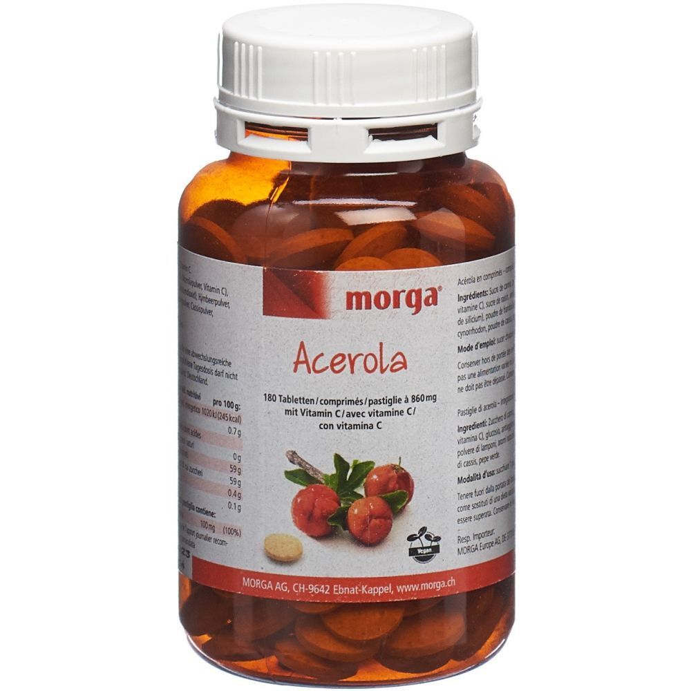 Flacon brun de comprimés morga Acerola avec vitamine C. 180 comprimés. Bouchon blanc. Étiquette avec texte et illustration.