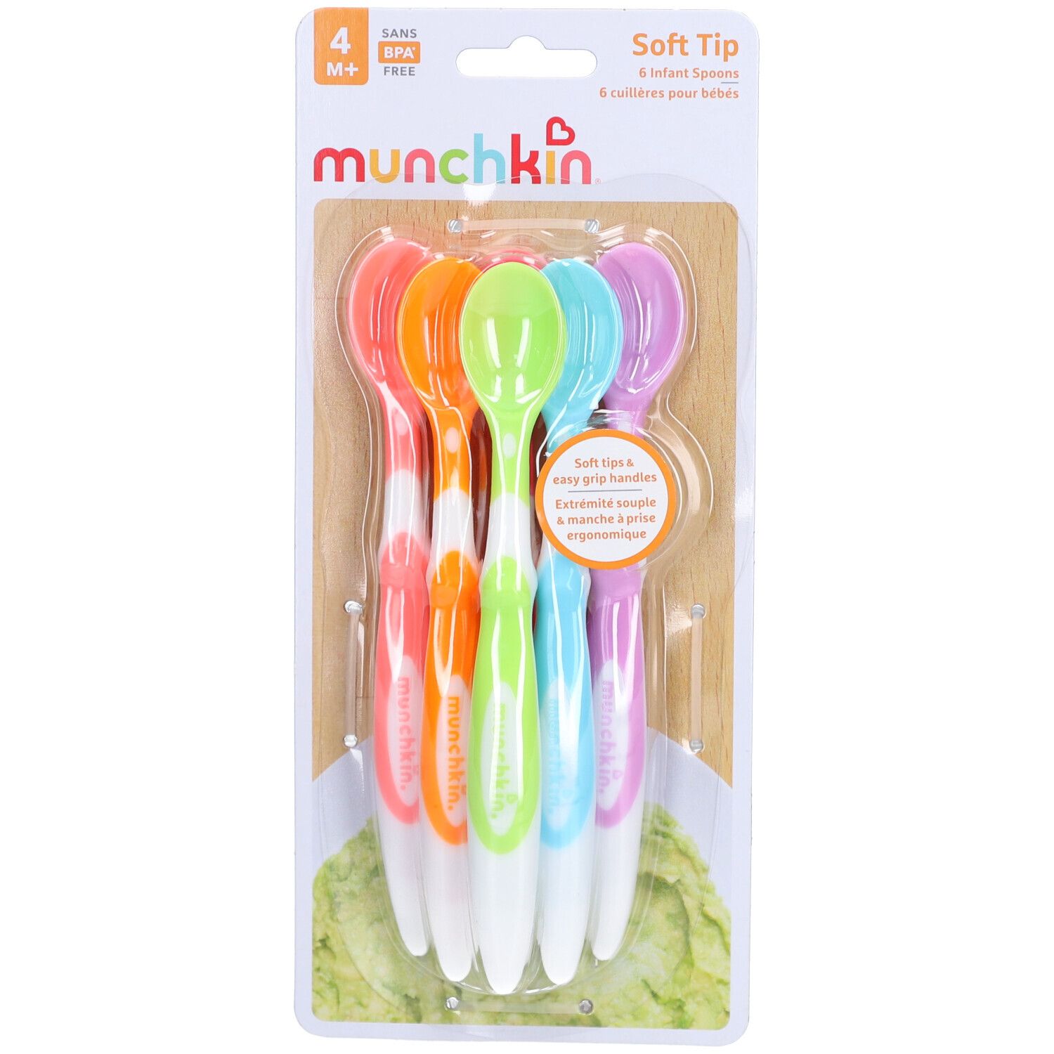 Emballage de 6 cuillères pour bébé Munchkin aux couleurs pastel, avec embouts souples et manches ergonomiques.