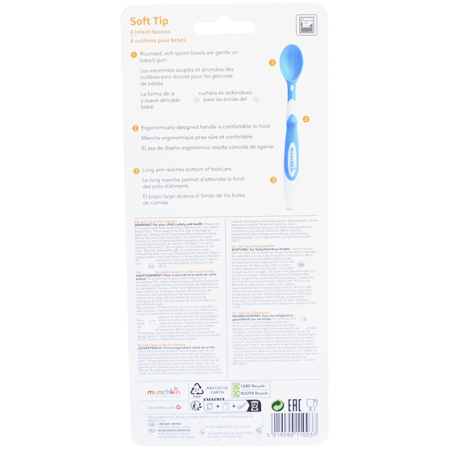 Emballage pour une cuillère bébé bleue à embout souple et manche ergonomique.