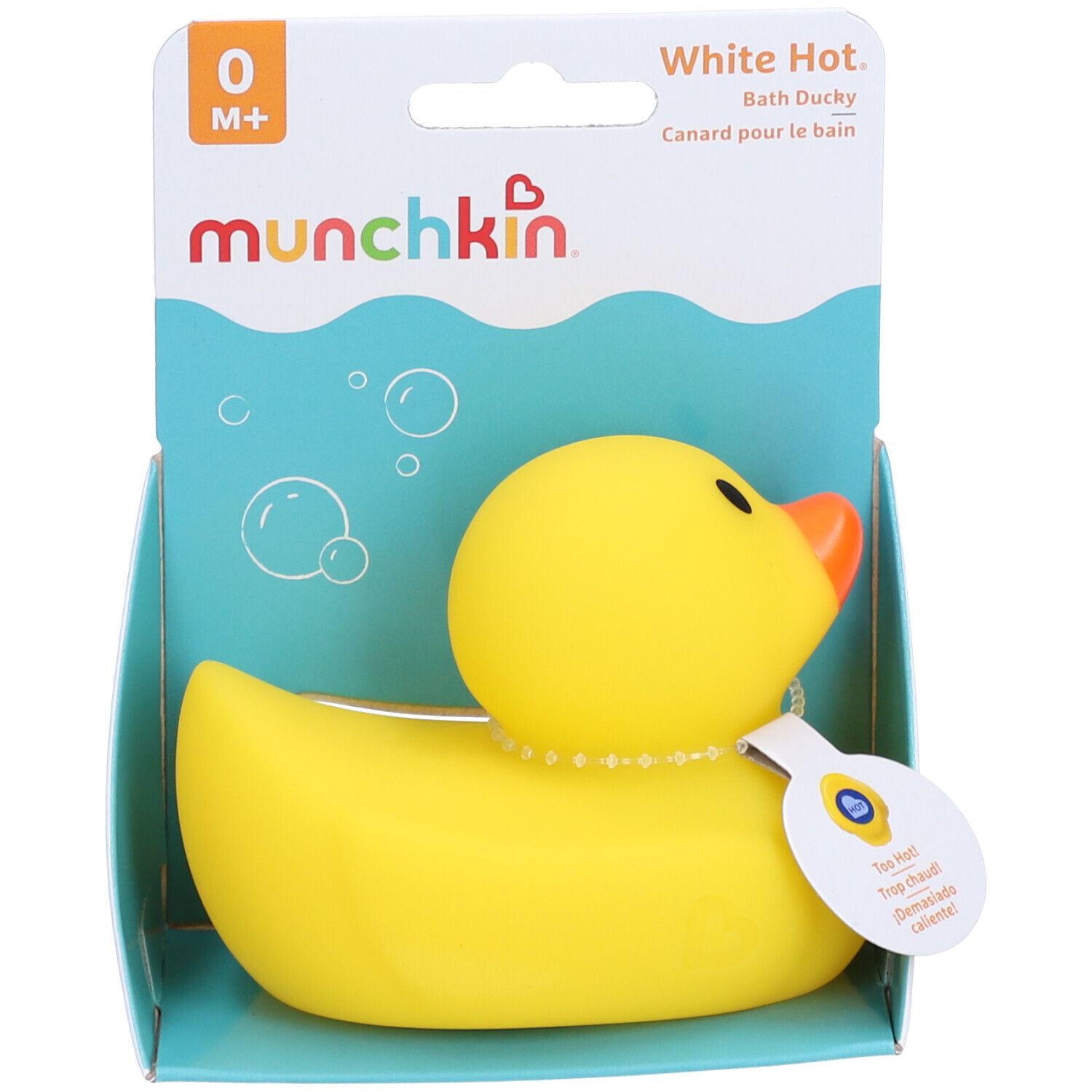 Canard de bain jaune avec thermomètre, en emballage. Marque : munchkin. Fonction "White Hot".