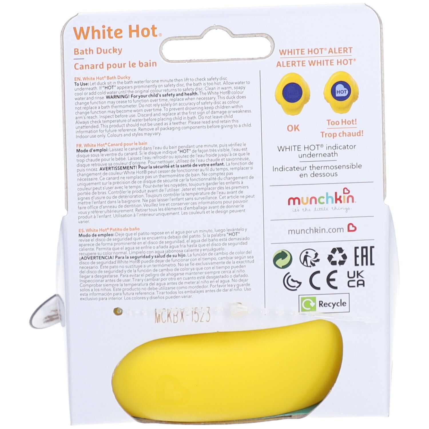 Dos de l'emballage du canard de bain. Texte : "White Hot", avertissements, marque munchkin. Indicateur de température.