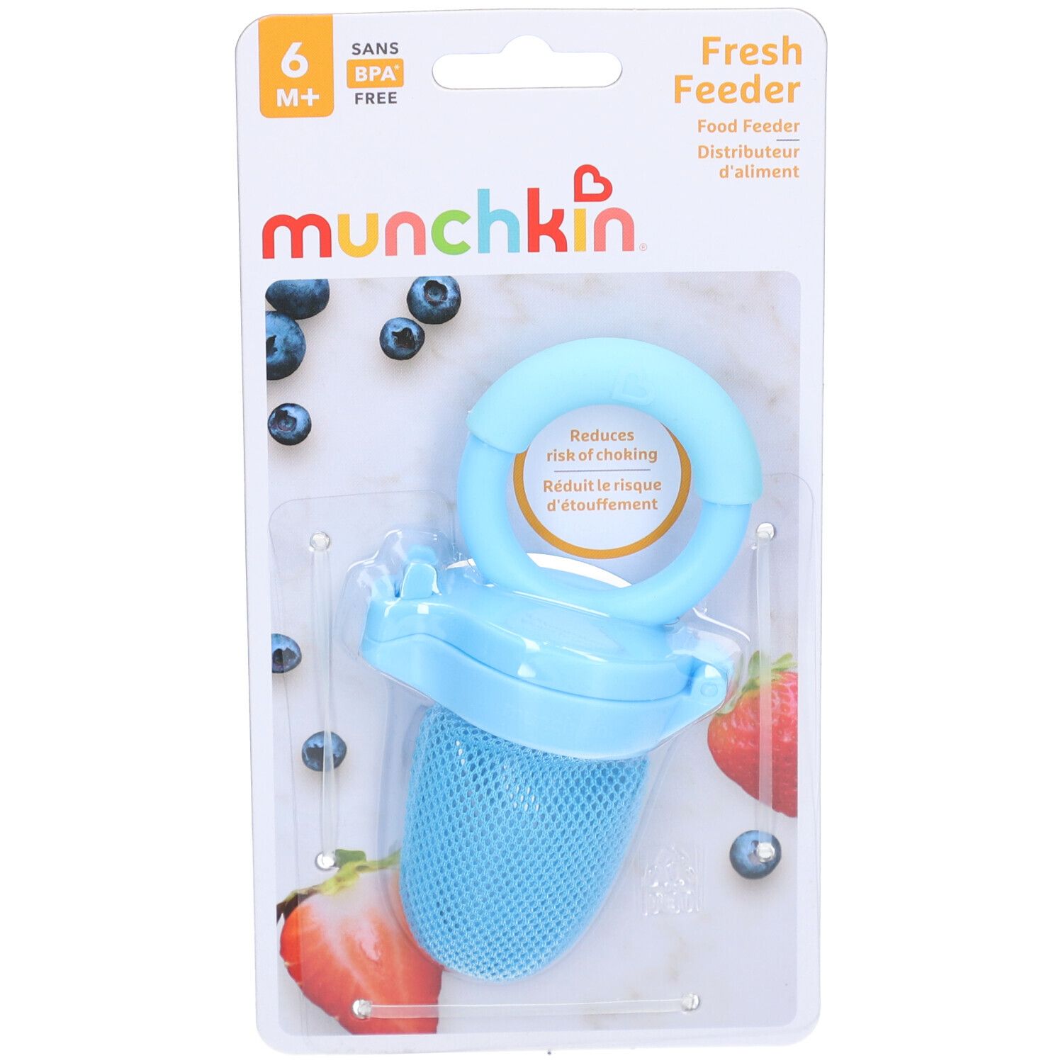 Un Munchkin Fresh Feeder bleu avec pochette en filet et poignée. Sans BPA, dès 6 mois.