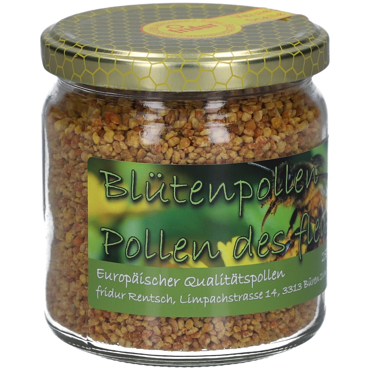 Pot de pollen de fleurs. Étiquette avec texte: Blütenpollen, Pollen des fleurs. Couvercle doré. Sceau jaune.