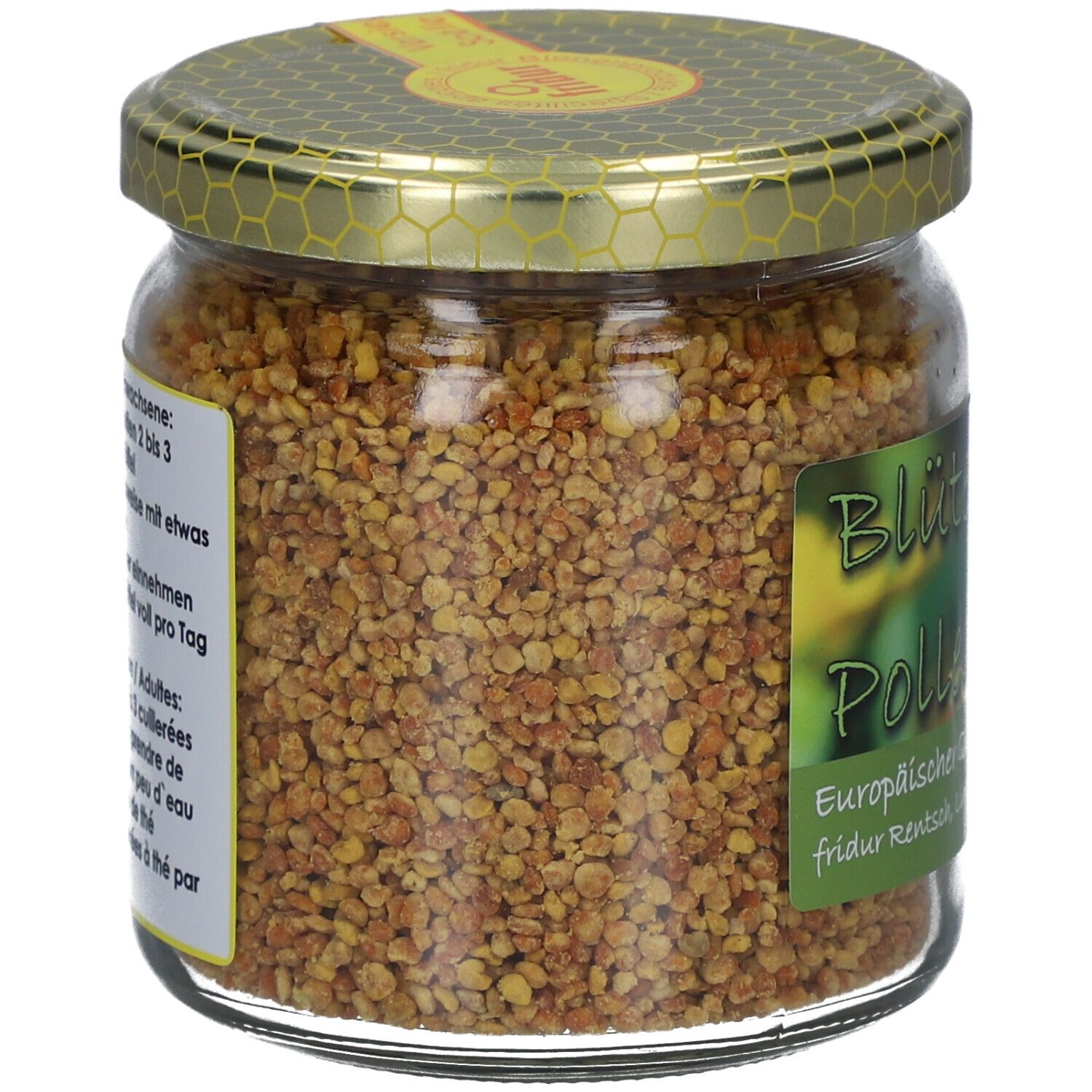 Pot de pollen de fleurs. Étiquette avec texte et recommandations de dosage. Couvercle doré. Sceau jaune.