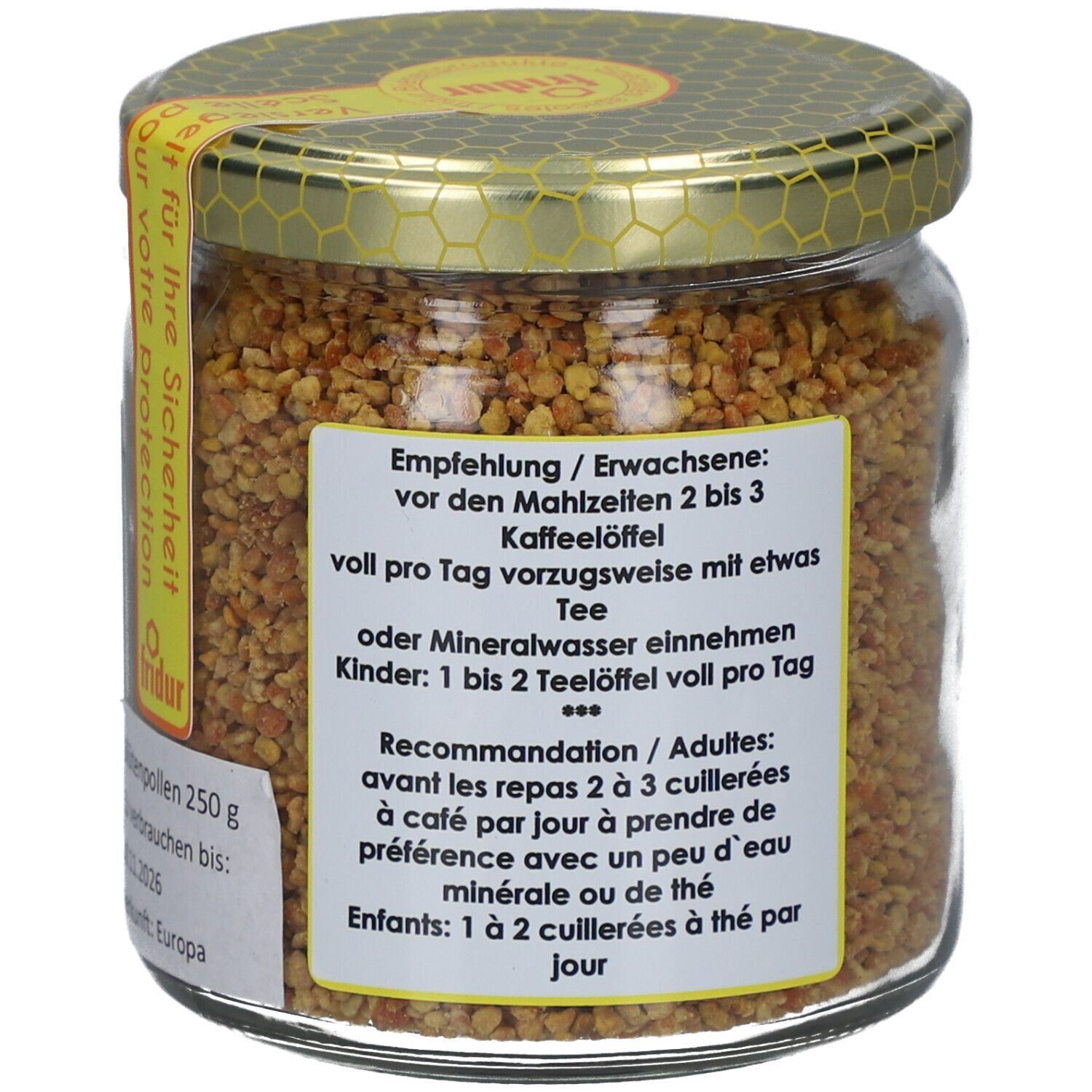 Pot de pollen de fleurs. Étiquette avec texte et recommandations de dosage. Couvercle doré. Sceau jaune.