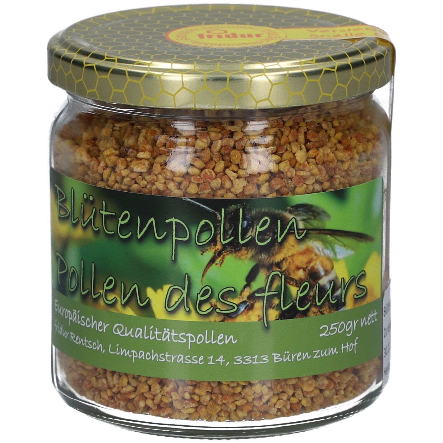 Pot de pollen de fleurs. Étiquette avec texte: Blütenpollen, Pollen des fleurs, 250gr. Couvercle doré. Sceau jaune.