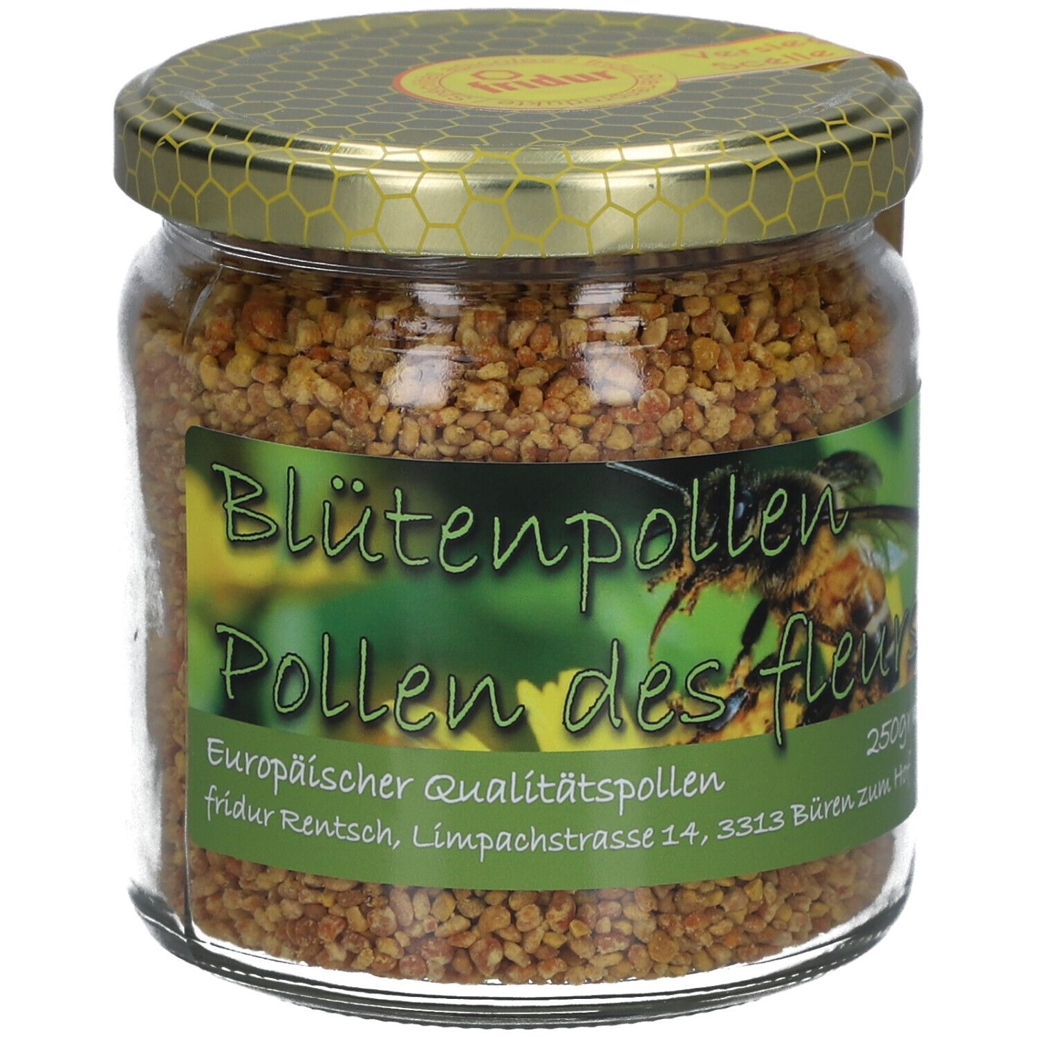 Pot de pollen de fleurs. Étiquette avec texte: Blütenpollen, Pollen des fleurs. Couvercle doré. Sceau jaune.