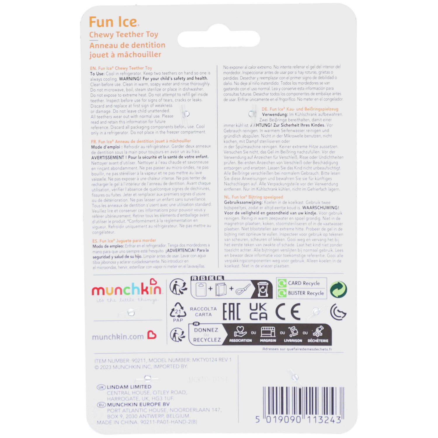 Dos de l'emballage du produit avec texte multilingue. Contient des informations de sécurité et de recyclage.