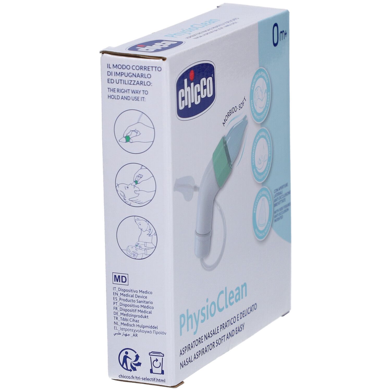 Boîte de l'aspirateur nasal PhysioClean de Chicco. Vue en biais. Aspirateur blanc et vert. Âge recommandé : 0m+.