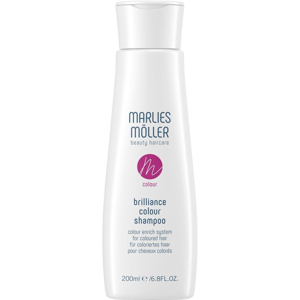 Flacon blanc de shampooing Marlies Möller. Texte: Colour Brilliance Shampoo. Pour cheveux colorés. 200ml.