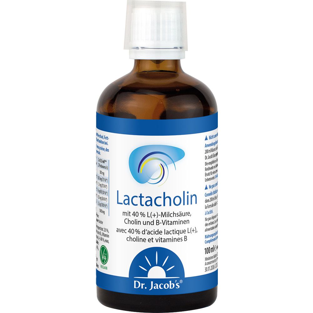 Flacon brun avec bouchon blanc. Étiquette avec nom du produit Lactacholin et logo Dr. Jacob's. 100ml.