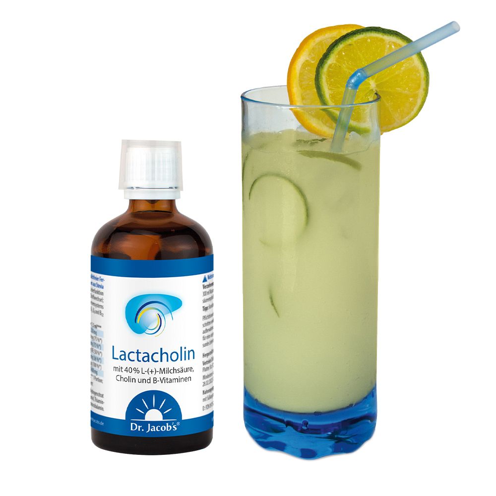 Verre avec boisson et citron. À côté, flacon Lactacholin. Base bleue.