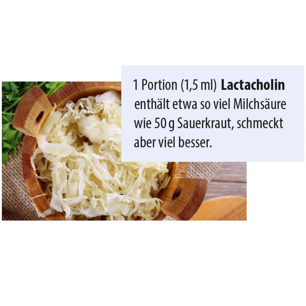 Bol en bois avec choucroute. Texte: 1 portion Lactacholin contient autant d'acide lactique que 50g de choucroute.