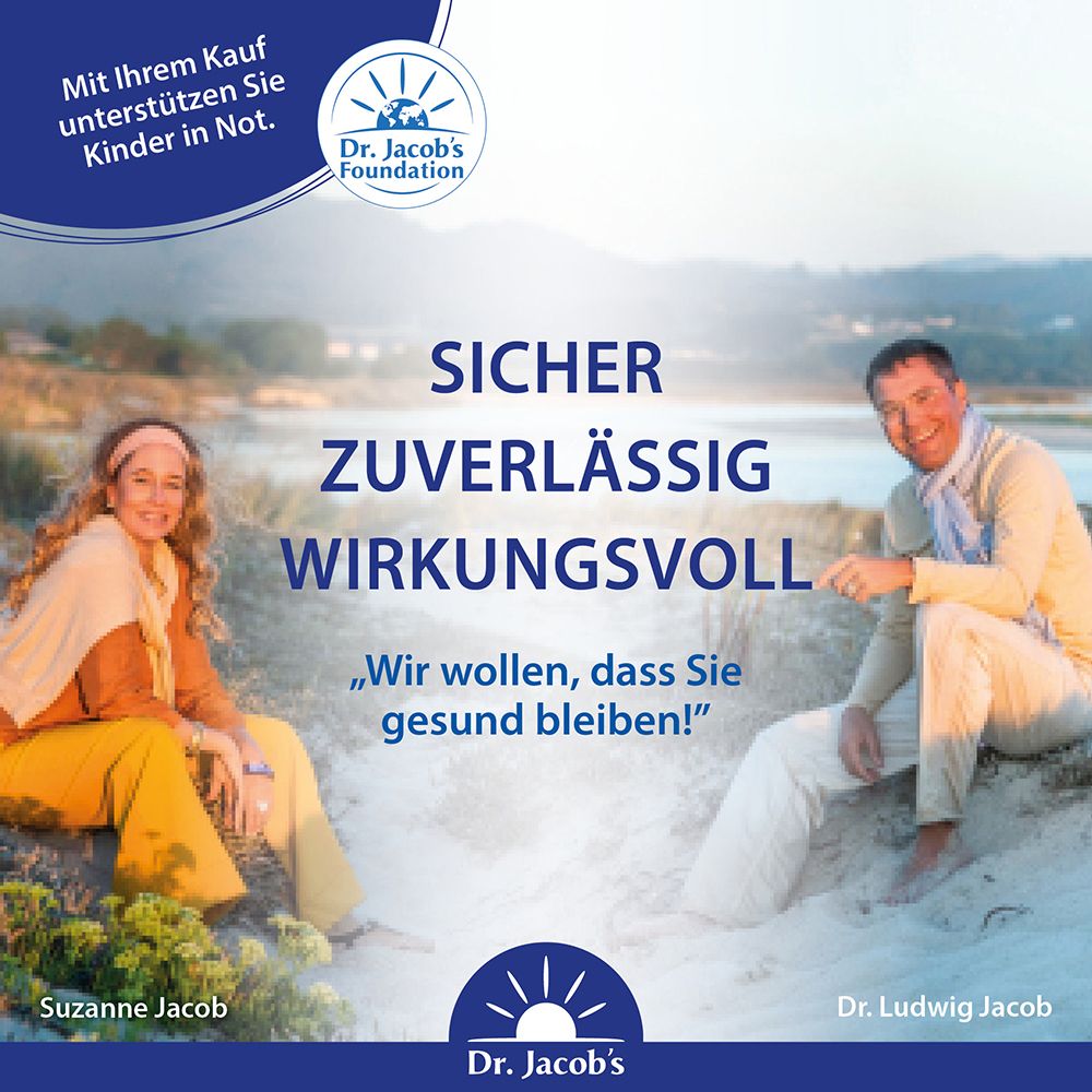 Couple sur la plage. Texte: Sûr, fiable, efficace. Dr. Jacob's Foundation.