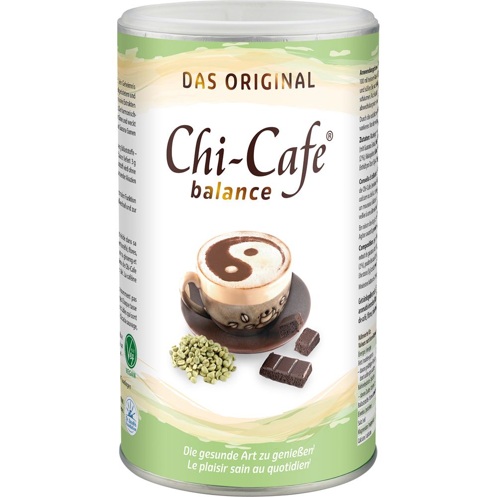 Boîte verte de Chi-Cafe balance, alternative au café. Image d'une tasse de café avec symbole Yin-Yang, chocolat et herbes.