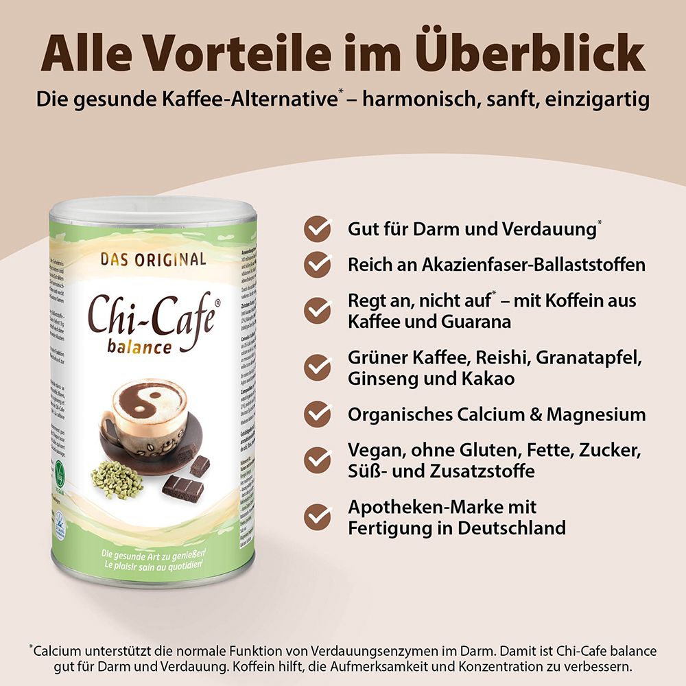 Panneau publicitaire avec boîte Chi-Cafe balance. Avantages : bon pour l'intestin, fibres d'acacia, caféine, café vert, calcium & magnésium, végétalien.