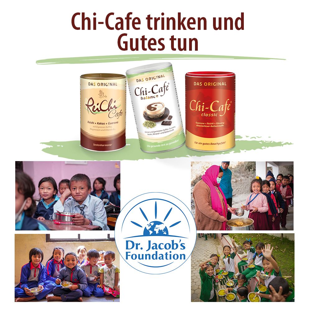 Trois boîtes Chi-Cafe, enfants au Népal. Logo Dr. Jacob's Foundation. Texte : Boire Chi-Cafe et faire le bien.