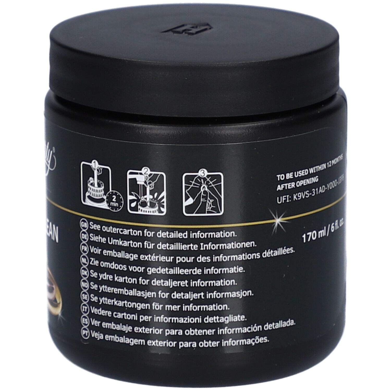 Boîte noire avec couvercle. Pictogrammes et texte multilingue. "170 ml / 6 fl. oz.".